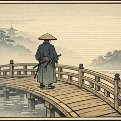 GPT Image 1.5 — A lone samurai standing on a misty bridge, ukiyo-e