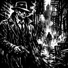 GPT Image 1.5 — A noir detective in a foggy alley, graphic novel s