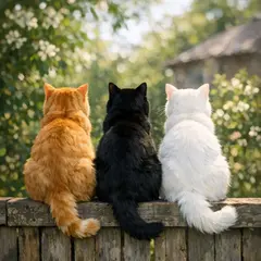 GPT Image 1.5 — Three cats of different colors sitting in a row on