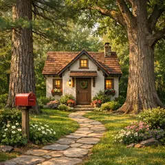 GPT Image 1.5 — A small house between two tall trees, with a path 