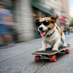 GPT Image 1.5 — A dog wearing sunglasses riding a skateboard down 