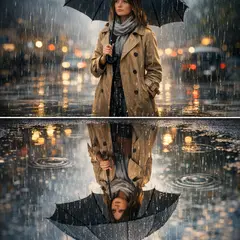 GPT Image 1.5 — A woman holding an umbrella in the rain, reflected
