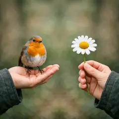 GPT Image 1.5 — A bird perched on the left hand of a person, the r