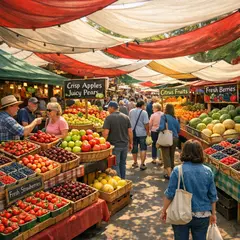 GPT Image 1.5 — A busy farmer's market scene with at least six dif