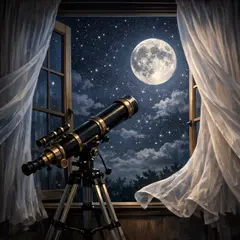 GPT Image 1.5 — A telescope pointing at the moon through an open w