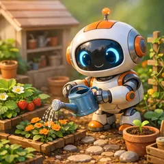 GPT Image 1.5 — A 3D render of a cute robot watering plants in a m