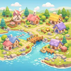 GPT Image 1.5 — An isometric low-poly village with tiny houses, tr