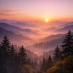 GPT Image 1.5 — A misty mountain range at sunrise, layers of purpl