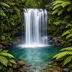 GPT Image 1.5 — A waterfall cascading into a tropical pool surroun