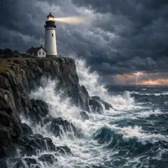 GPT Image 1.5 — A coastal cliff with crashing waves below, lightho