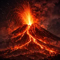 GPT Image 1.5 — A volcano erupting at night with lava flowing down