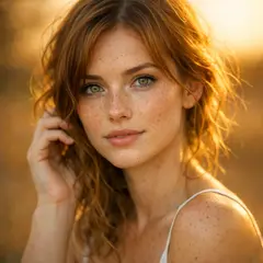 GPT Image 1.5 — A young woman with freckles and green eyes, golden