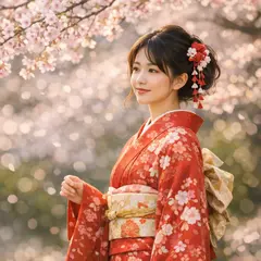 GPT Image 1.5 — A Japanese woman in a red kimono standing under ch