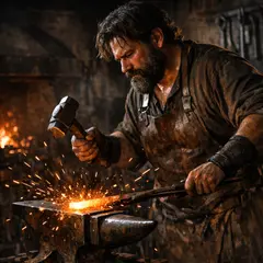 GPT Image 1.5 — A bearded blacksmith in a dark workshop, sparks fl