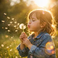 GPT Image 1.5 — A child blowing dandelion seeds in a sunlit meadow