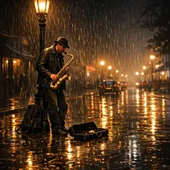 GPT Image 1.5 — A street musician playing saxophone under a lamppo