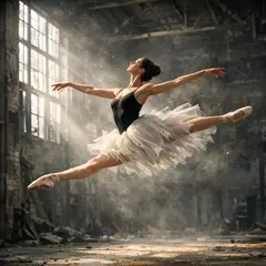 GPT Image 1.5 — A ballet dancer mid-leap in an abandoned warehouse