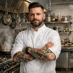 GPT Image 1.5 — A tattooed chef in a white coat, arms crossed, con