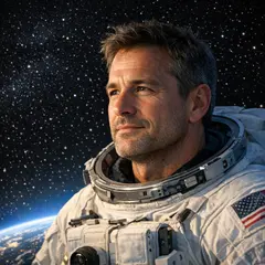 GPT Image 1.5 — An astronaut without a helmet, face lit by Earth g