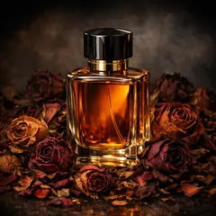 GPT Image 1.5 — A bottle of amber perfume on a bed of dried roses,