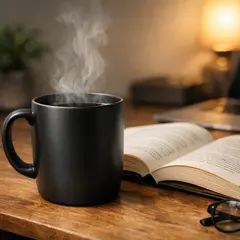 GPT Image 1.5 — A matte black coffee mug with steam rising, placed