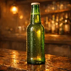 GPT Image 1.5 — A green glass bottle of craft beer with condensati
