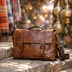 GPT Image 1.5 — A leather messenger bag on a sun-dappled step in a