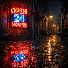 GPT Image 1.5 — A glowing neon sign reading OPEN 24 HOURS in a dar