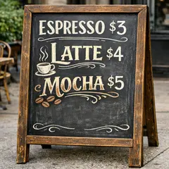 GPT Image 1.5 — A hand-lettered chalkboard menu outside a coffee s