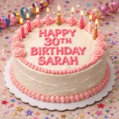 GPT Image 1.5 — A birthday cake with HAPPY 30TH BIRTHDAY SARAH wri