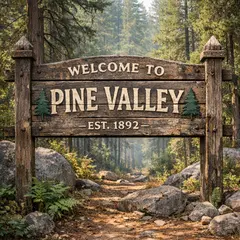 GPT Image 1.5 — A weathered wooden sign reading WELCOME TO PINE VA