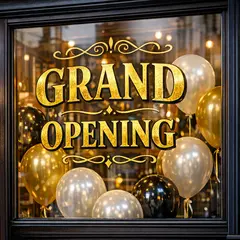 GPT Image 1.5 — A storefront window with GRAND OPENING painted in 