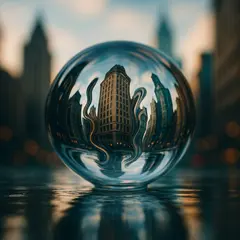 GPT Image 1 — A glass sphere refracting a distorted cityscape, s