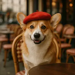 GPT Image 1 — A corgi wearing a red beret sitting in a Parisian 