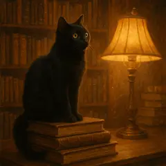 GPT Image 1 — A black cat sitting on a stack of old books in a c
