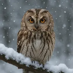 GPT Image 1 — An owl perched on a snow-covered branch, intense a