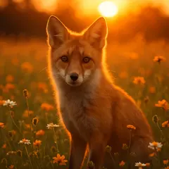 GPT Image 1 — A fox in a field of wildflowers, backlit by sunset