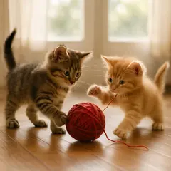 GPT Image 1 — Two kittens playing with a ball of red yarn on a h