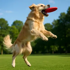 GPT Image 1 — A golden retriever catching a frisbee in mid-air a