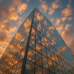 GPT Image 1 — A modern glass skyscraper reflecting clouds at sun