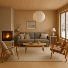 GPT Image 1 — A cozy Scandinavian living room with a fireplace, 
