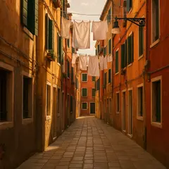 GPT Image 1 — A narrow cobblestone alley in Venice with colorful