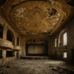 GPT Image 1 — An abandoned Art Deco theater with peeling gold pa