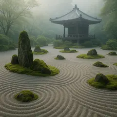 GPT Image 1 — A Japanese zen garden with raked gravel, moss-cove