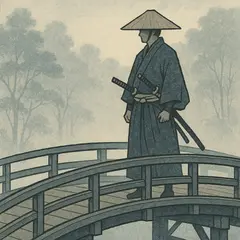 GPT Image 1 — A lone samurai standing on a misty bridge, ukiyo-e