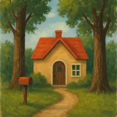 GPT Image 1 — A small house between two tall trees, with a path 