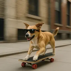 GPT Image 1 — A dog wearing sunglasses riding a skateboard down 