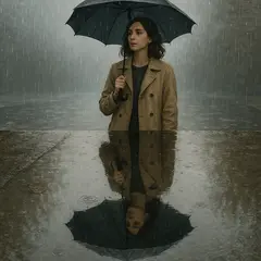 GPT Image 1 — A woman holding an umbrella in the rain, reflected