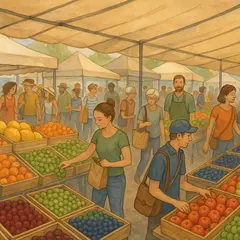 GPT Image 1 — A busy farmer's market scene with at least six dif