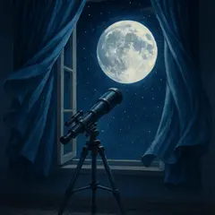 GPT Image 1 — A telescope pointing at the moon through an open w